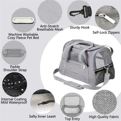 A grey soft-sided pet carrier with mesh windows, a shoulder strap, and internal safety features.