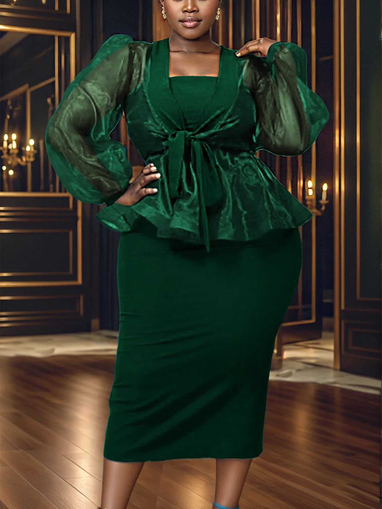 AOMEI Women's two-piece V-neck lantern sleeve dress set, suitable for office and party, shown in stylish black fabric.