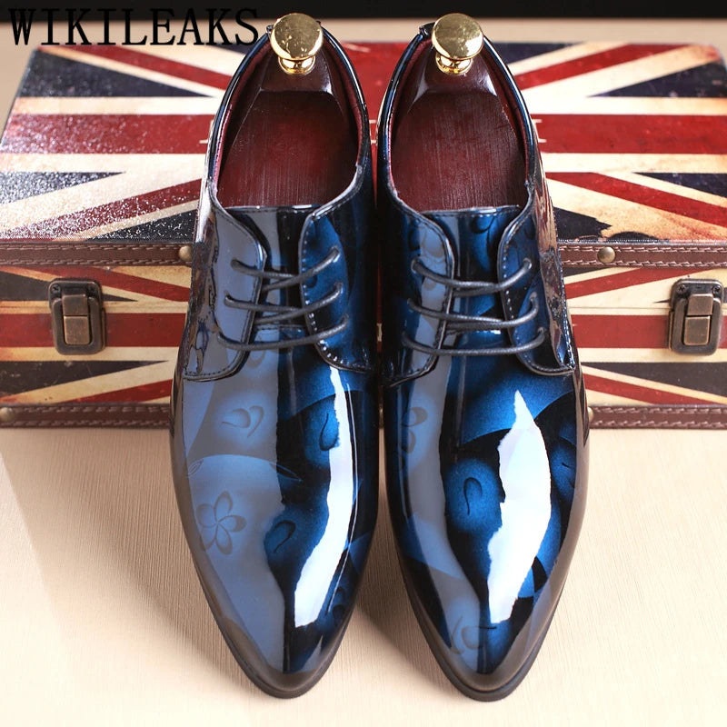 Men's floral patent leather Oxford shoes by Showlu Fashion Store, formal wedding dress shoes with elegant floral pattern and shiny finish.