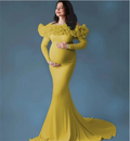 Light blue maternity prom dress with off-shoulder design, full sleeves, ruffles, and elegant style for pregnant women by Showlu Fashion.