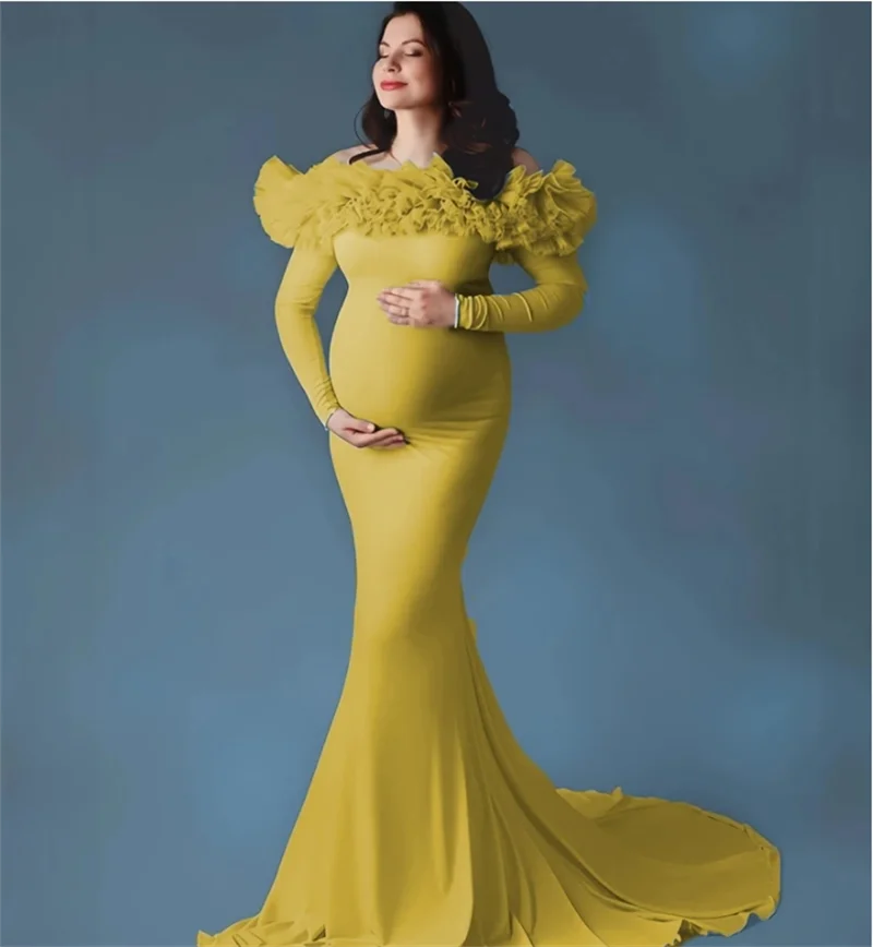 Light blue maternity prom dress with off-shoulder design, full sleeves, ruffles, and elegant style for pregnant women by Showlu Fashion.