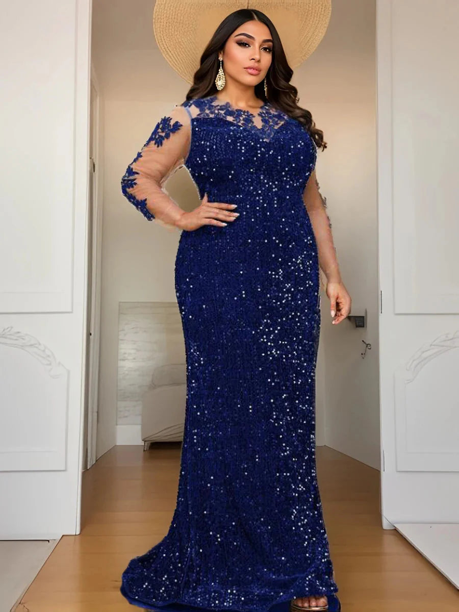 SHOWLU FASHION blue sequin evening dress, long sleeve mesh mermaid gown with fitted silhouette and elegant design.