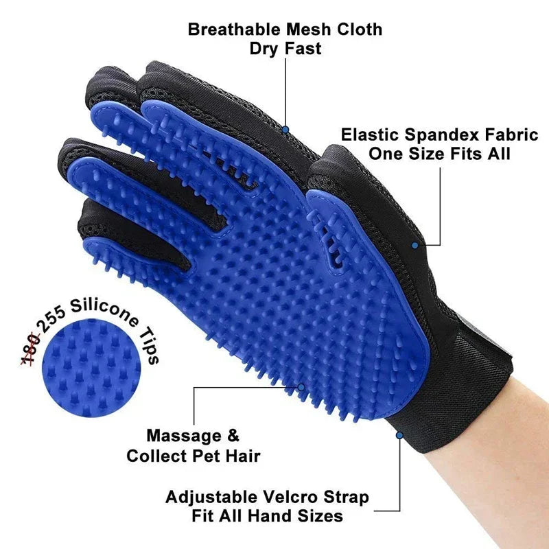 Showlu Fashion MOONBIFFY pet silicone grooming gloves with hair remover comb for cats and dogs, shown in a close-up image