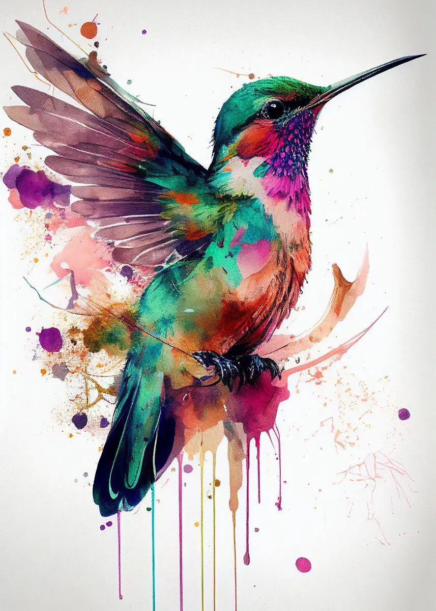 Colorful watercolor hummingbird and flower wall art canvas print, vibrant bird and floral decor for living room or home.