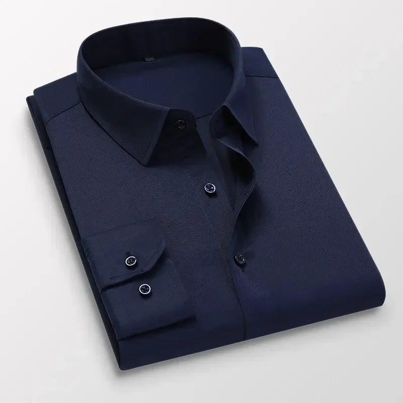 Men's long-sleeved business casual shirts in black, white, blue, and pink with lapel collars and button details, from Showlu Fashion.