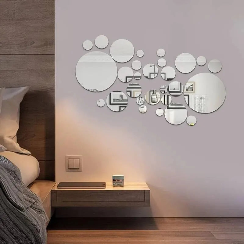 Set of 26 round 3D acrylic mirror wall stickers from Showlu Fashion Store, ideal for bedroom, bathroom, or TV room decor.