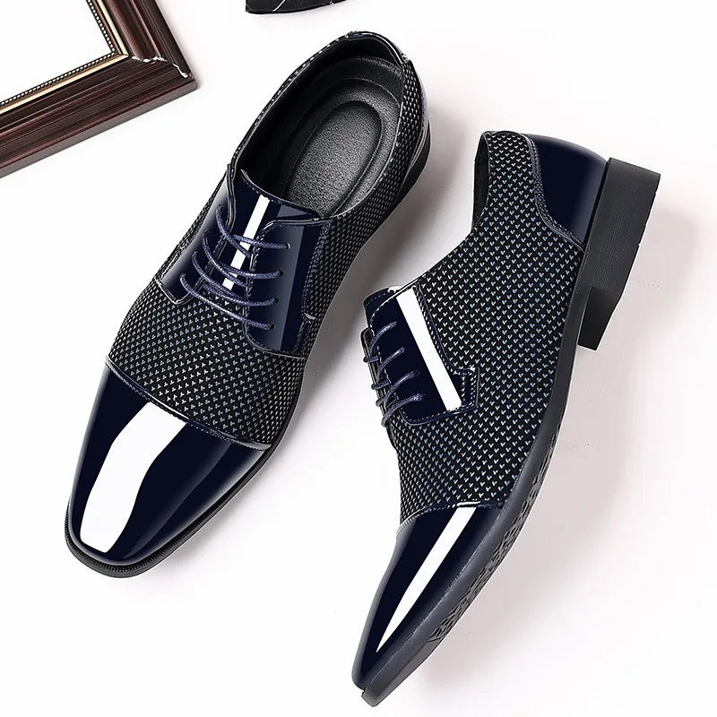 Black men's patent leather Oxford shoes with square toe and derby style from Showlu Fashion Store.