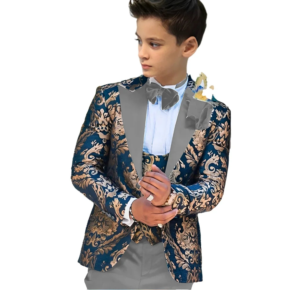 Kids floral boy wedding tuxedo suit featuring a jacket, vest, and pants, suitable for ages 2-16, from Showlu Fashion Store.
