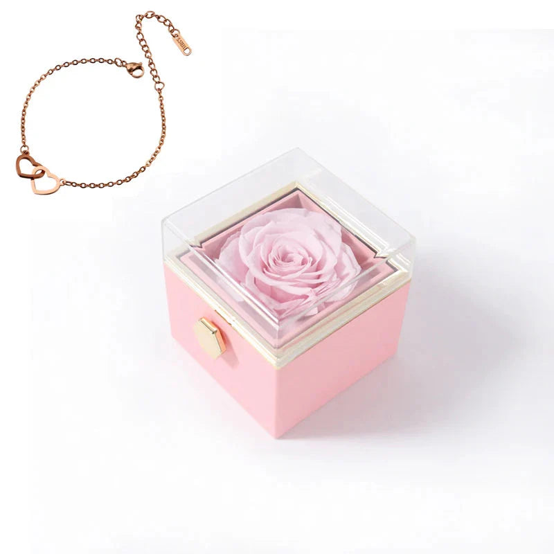 SHOWLU FASHION double heart steel bracelet with eternal rose in a decorative box, featuring a romantic and elegant jewelry design.