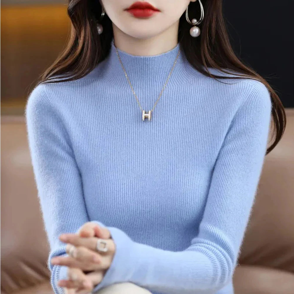 Women's half high collar pleated pullover sweater by SHOWLU FASHION STORE, slim fit with a stylish design and soft knit fabric.