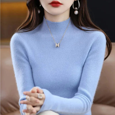 X-G-Xinde Women's Half High Collar Pleated Pullover Slim Fit Sweater
