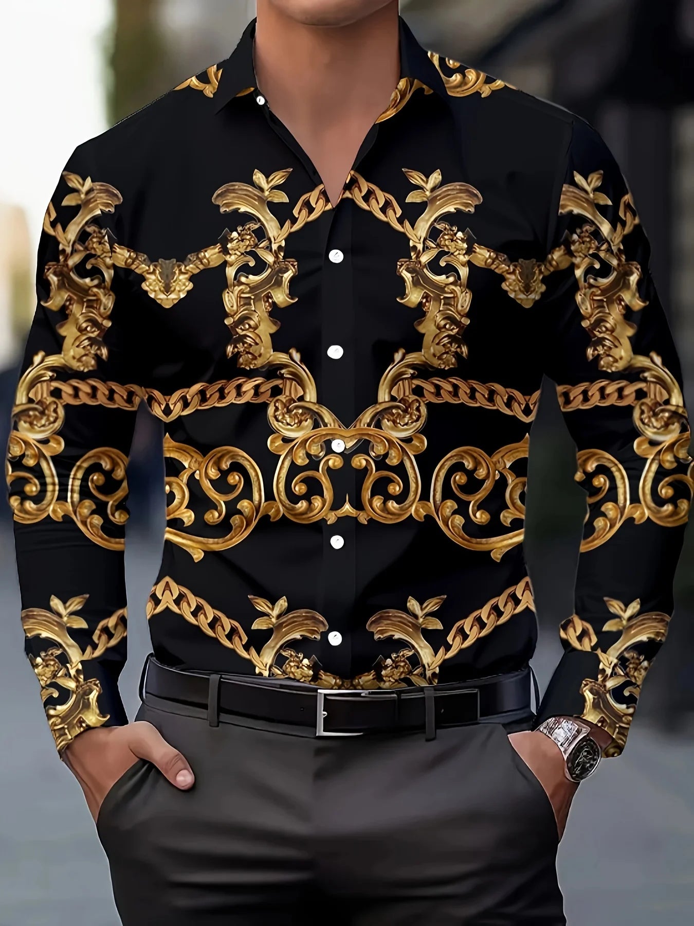 Men's stylish casual long sleeve shirt with gradient design, breathable fabric, turn-down collar, suitable for business or casual wear.