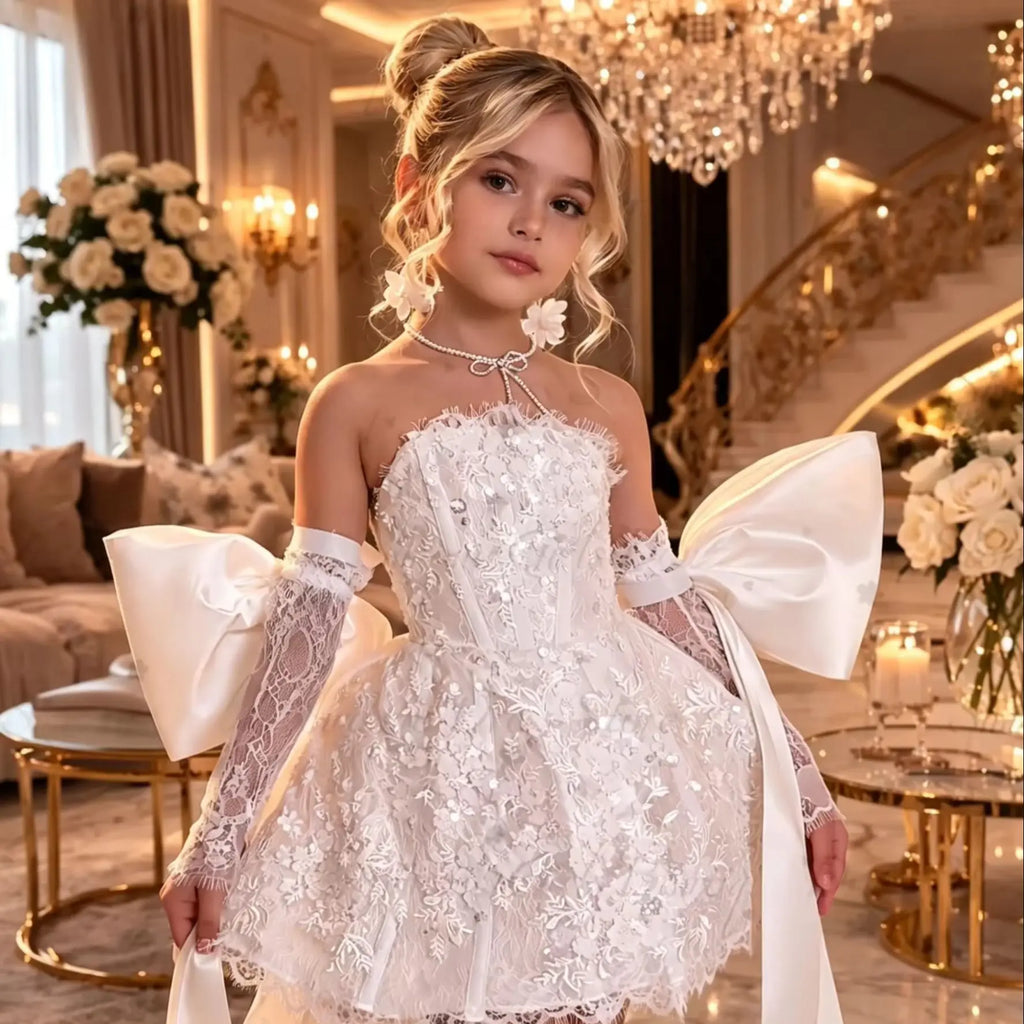 Light Blue Flower Girl Dresses for Wedding Off Shoulder with Bows Knee Lenght Kids Birthday First Communion Ball Gowns Custom