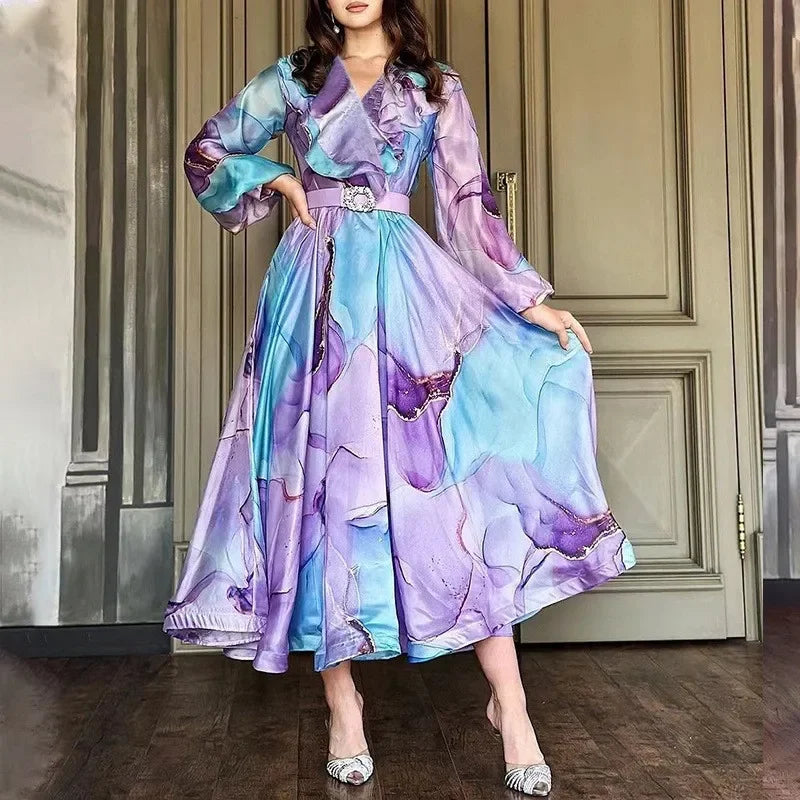 Women's print A-line dress by SHOWLU FASHION with long sleeves, perfect for office wear and stylish occasions.