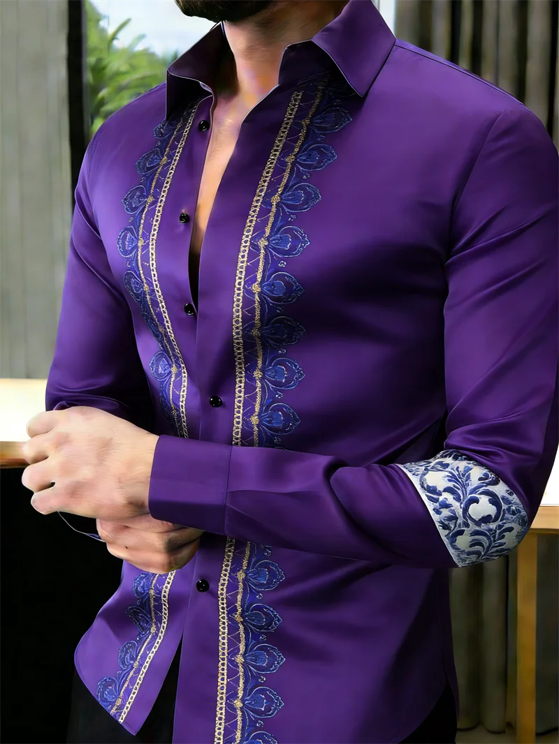 Men's long-sleeved 3D printed shirt with floral pattern in 11 colors, casual lapel top by Showlu Fashion Store