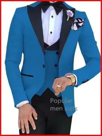 Men's 3-piece skinny fit wedding suit by SHOWLU FASHION STORE, includes blazer, vest, and pants, in elegant dark color.