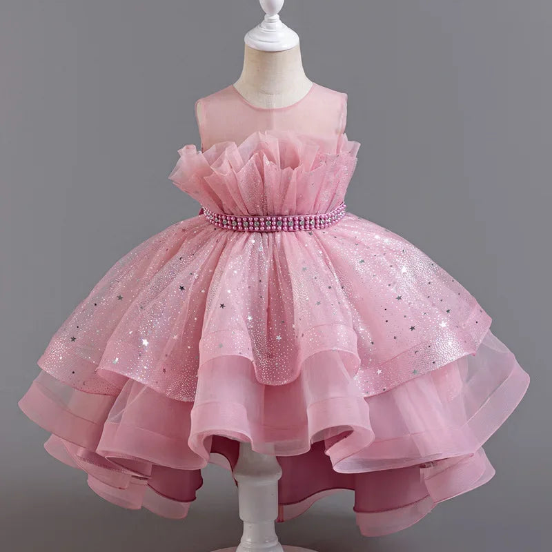 Kids girl lace mesh sleeveless party dress in solid color, perfect for summer evening events, from Showlu Fashion Store.