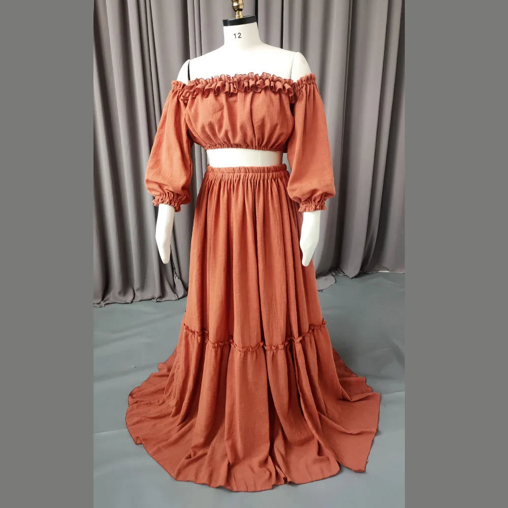 Showlu Bohemian maternity photography gown set with linen and cotton, featuring a flowing, comfortable design for expecting mothers.