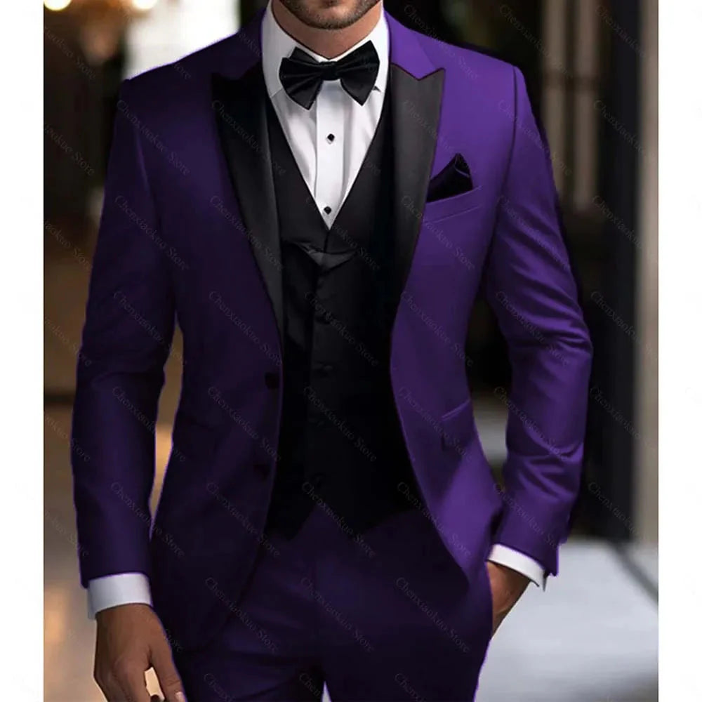 Men's slim fit black tuxedo suit with peak lapels, three-piece design, from SHOWLU FASHION STORE, ideal for wedding or formal events.