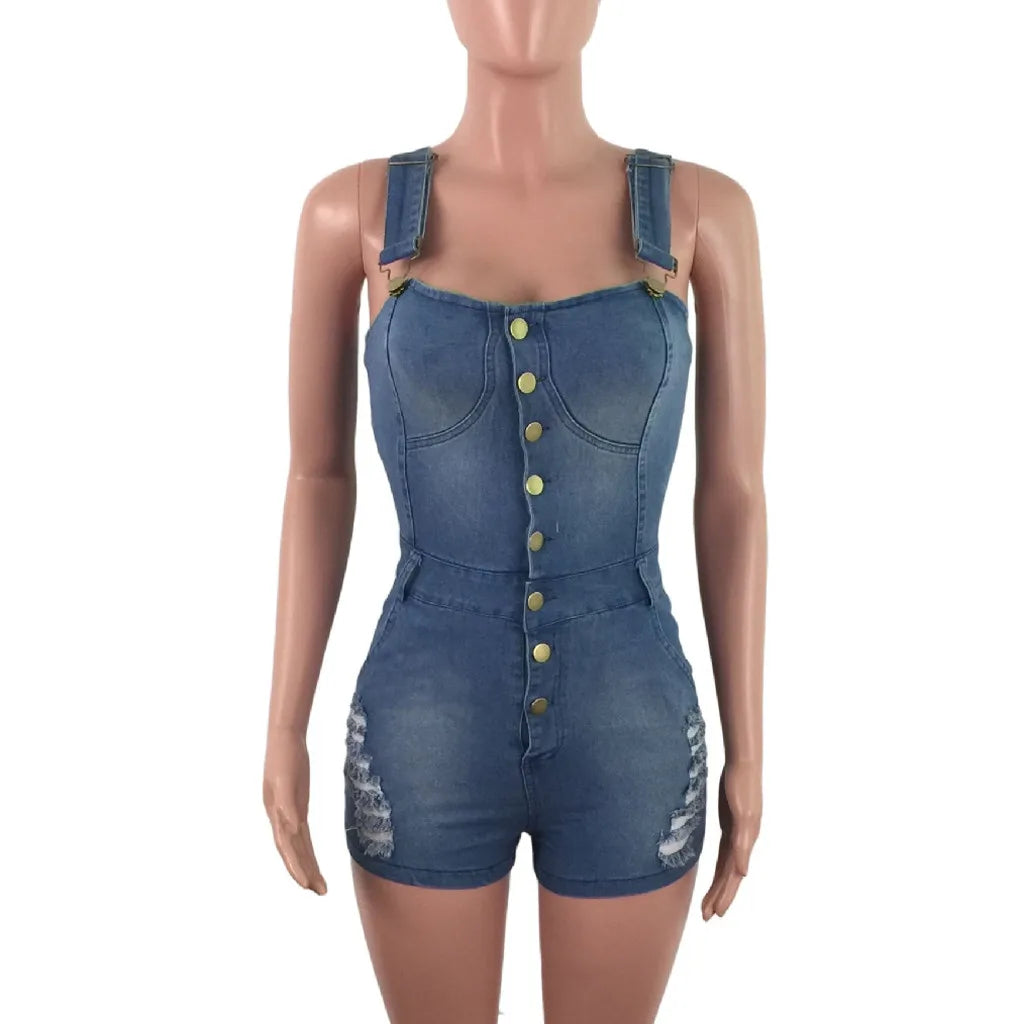 Distressed sleeveless denim overalls for women, summer jumpsuit by SHOWLU FASHION STORE, styled with casual accessories.