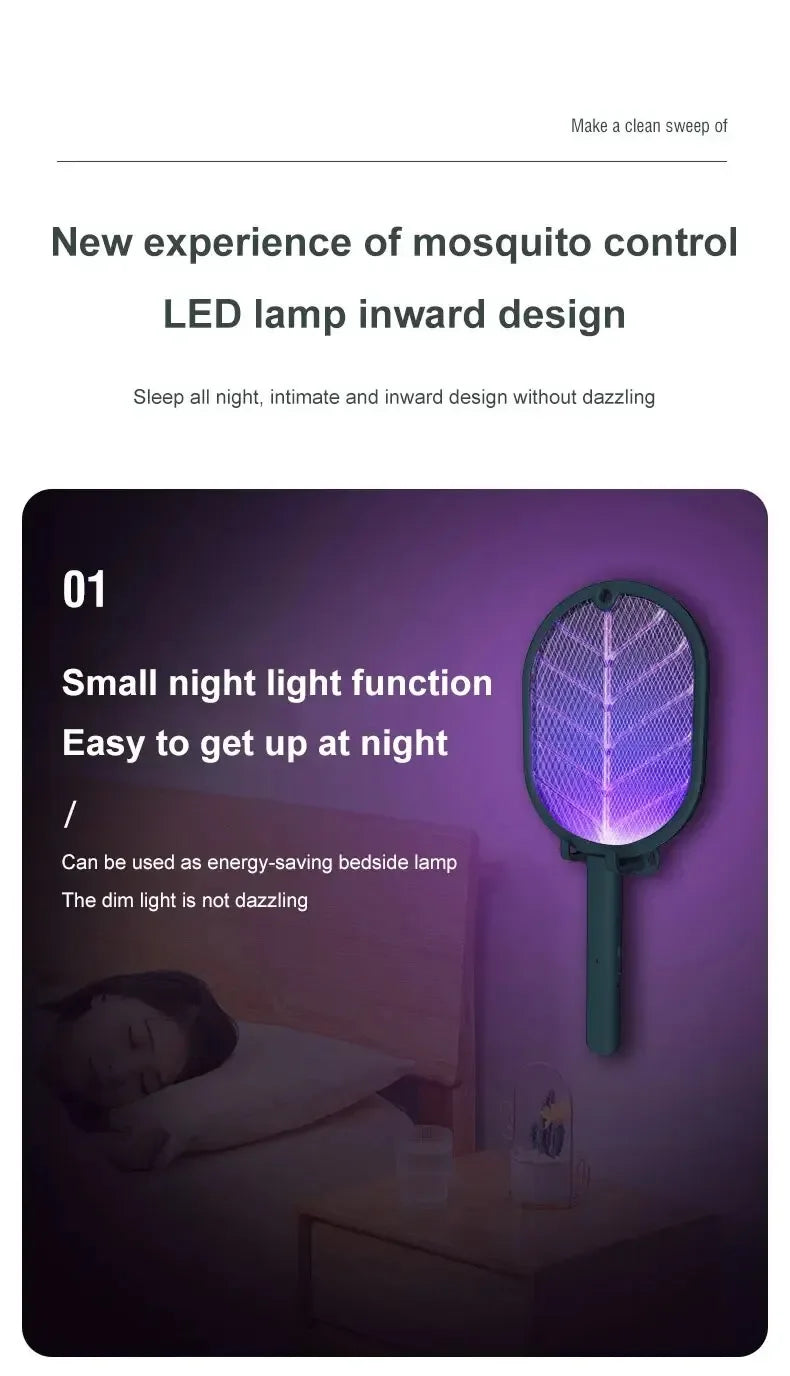Showlu Smart General USB rechargeable electric mosquito swatter racket with a black handle and metal grid for insect zapping.