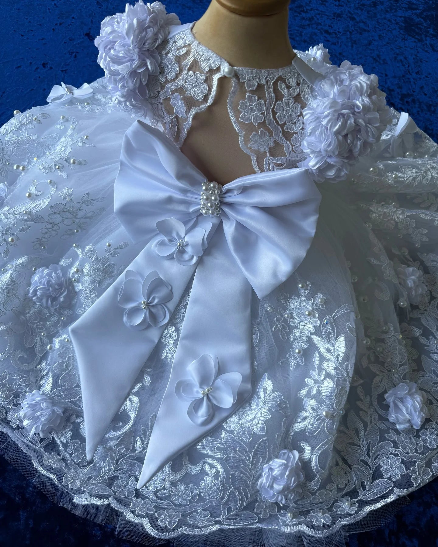 Baby girl lace baptism gown with white 3D flower embroidery, Christening dress by Showlu Fashion Store, elegant and delicate design.