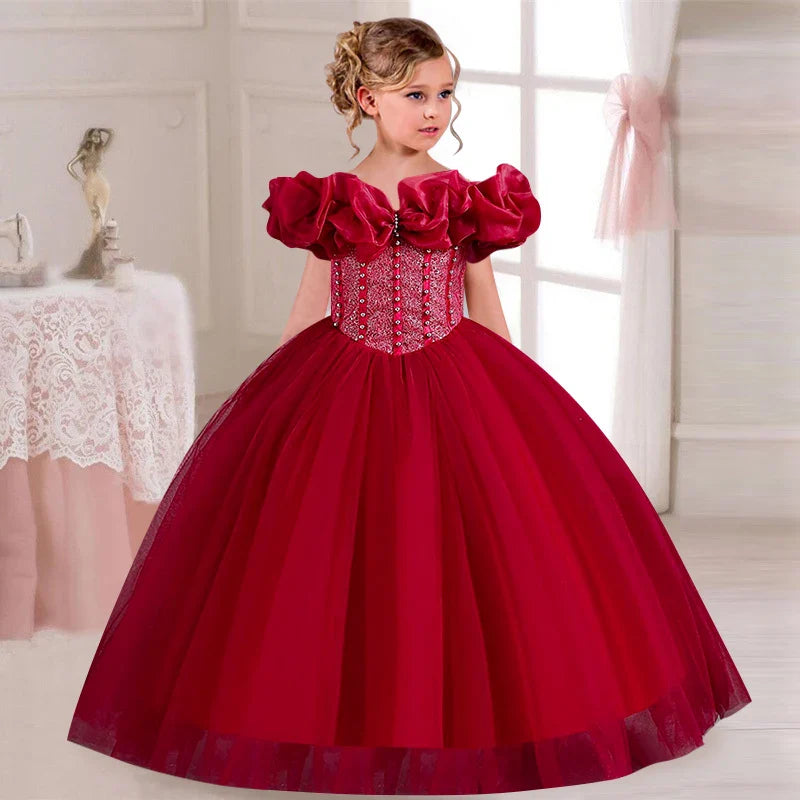 LJW Girls Pearl Sequin Princess Dress by SHOWLU FASHION STORE, off-shoulder evening ball gown with sparkling sequins and elegant design.