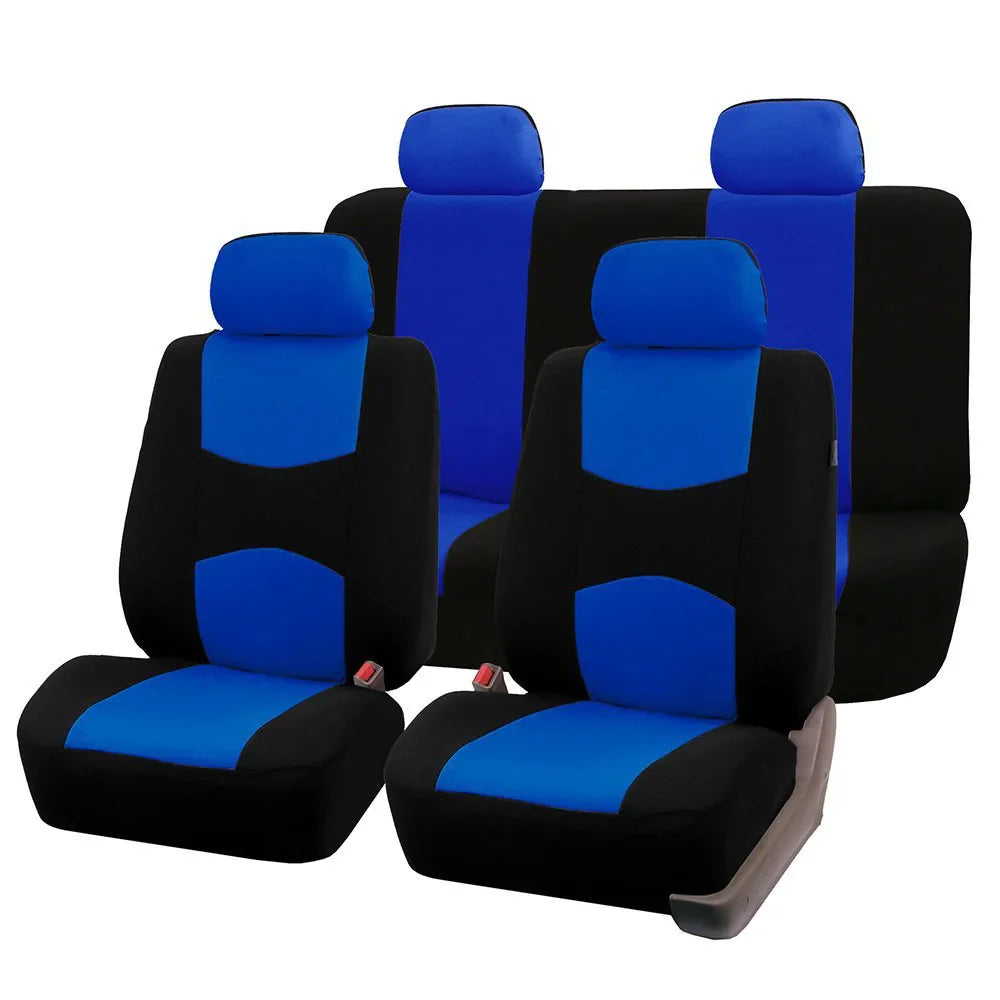A full set of universal car seat covers in a black and blue two-tone polyester fabric design.