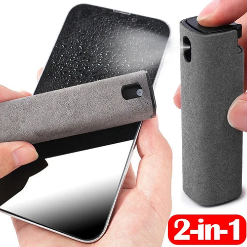 Showlu Fashion 2-in-1 mobile phone screen cleaner spray bottle set with microfiber cloth for iPhone, iPad, and MacBook screen cleaning.