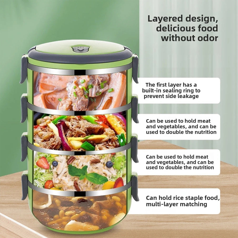 Stainless steel 3-layer stackable lunch box with airtight lid, handle, and leakproof design for portable food storage.
