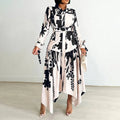 SHOWLU Women's printed asymmetric maxi dress with long sleeves, stylish shirt dress design, perfect for casual or formal wear.