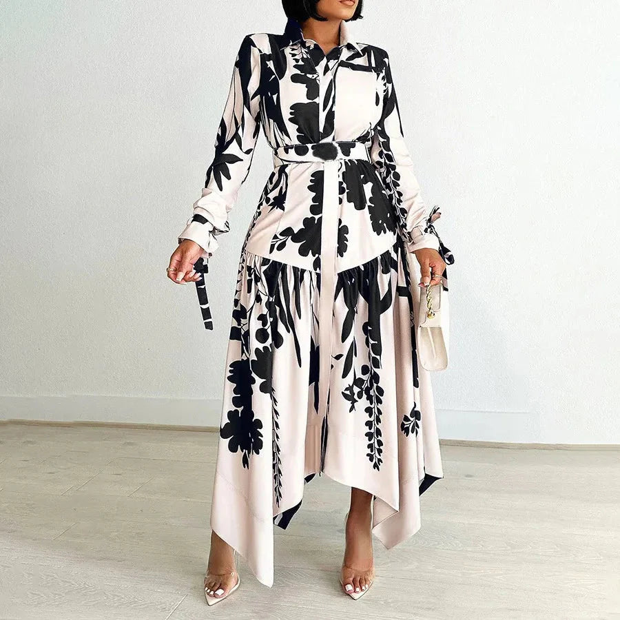 SHOWLU Women's printed asymmetric maxi dress with long sleeves, stylish shirt dress design, perfect for casual or formal wear.