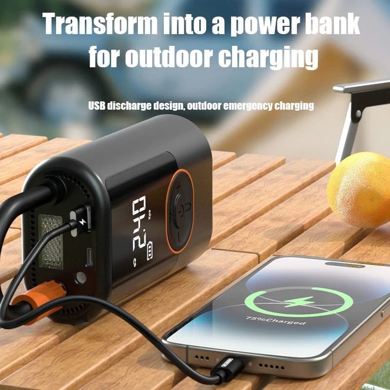 Showlu Smart portable tire inflator displaying digital pressure gauge with wireless design and 150 PSI capacity.