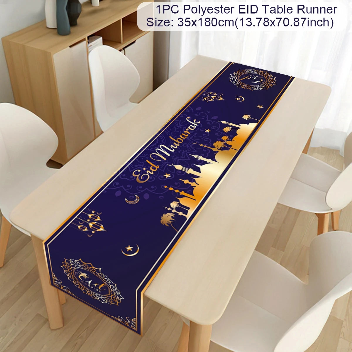 Ramadan decoration table runner with Eid Mubarak design for home tablecloth, Islamic Muslim Eid al-Fitr celebration decor.