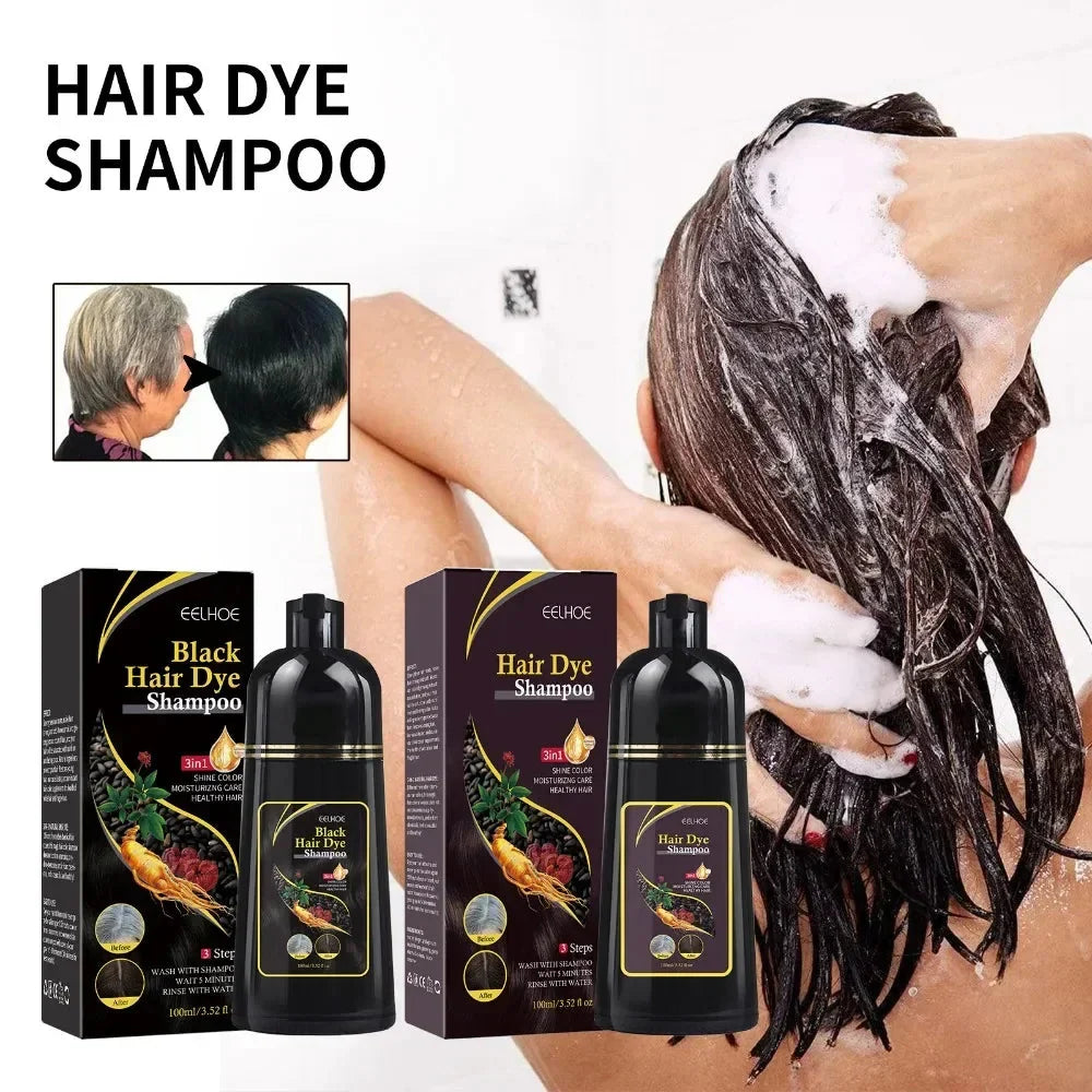 Eelhoe 3-in-1 herbal hair dye shampoo for grey coverage, 100ml, showing the bottle with herbal ingredients and grey hair.