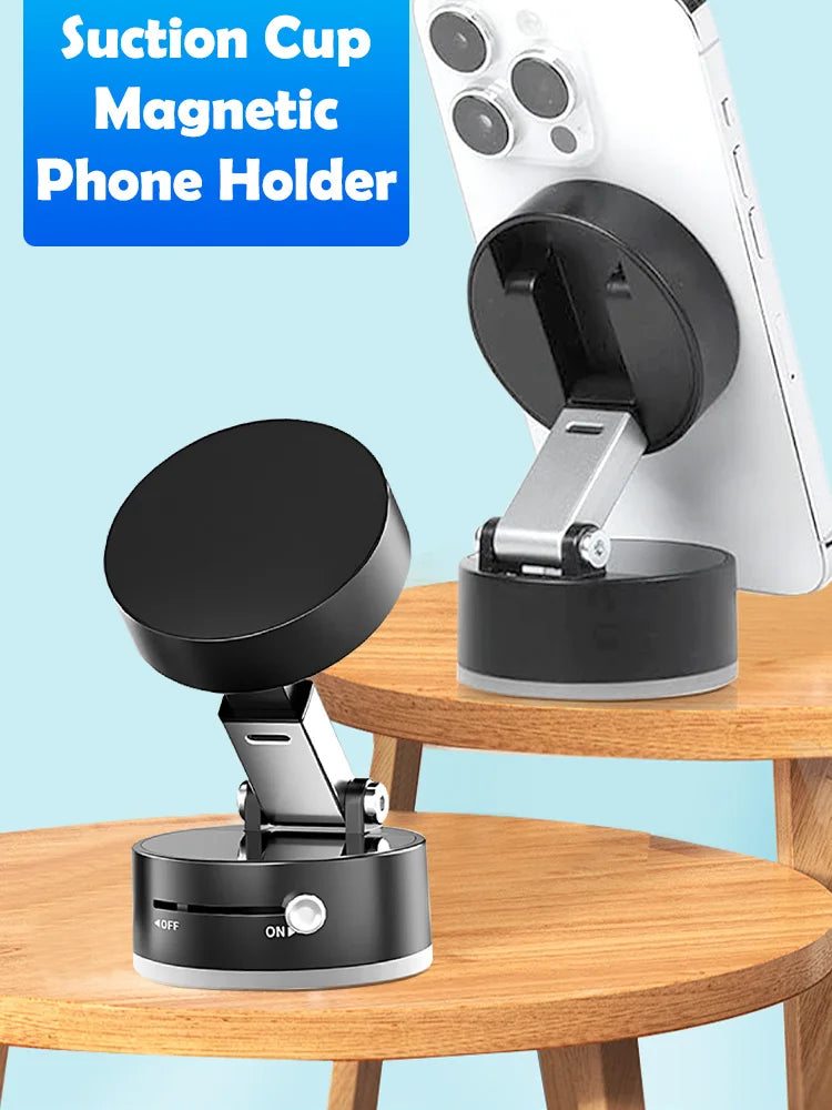 Showlu Mini Magnetic Car Phone Holder with suction cup, compatible with iPhone and Android smartphones, mounted on a vehicle dashboard.