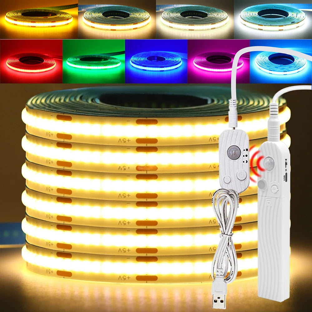 Showlu Smart general motion sensor LED strip light with 5V USB, shown in a close-up image highlighting the sensor and flexible strip.