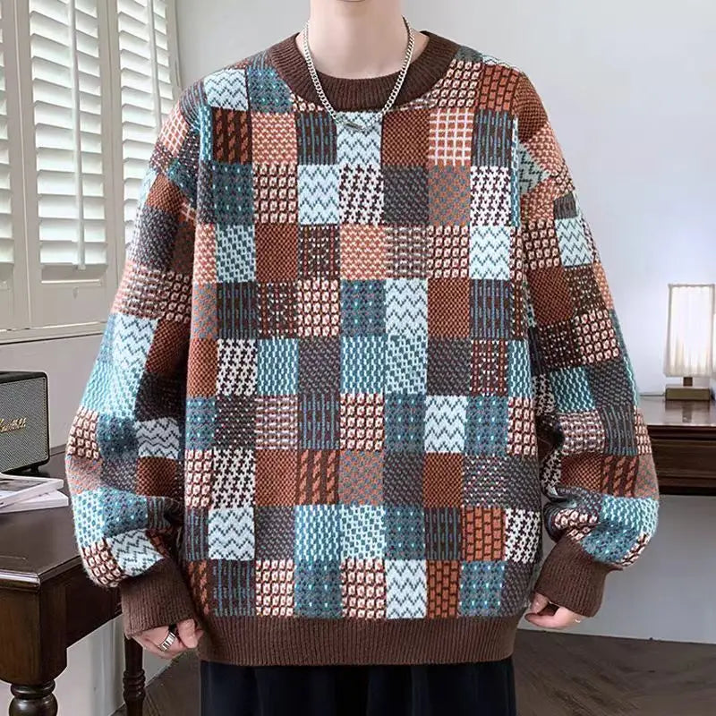 Plus size men's thick knit grunge pullover sweater with long sleeves, casual streetwear style, in a loose fit design.