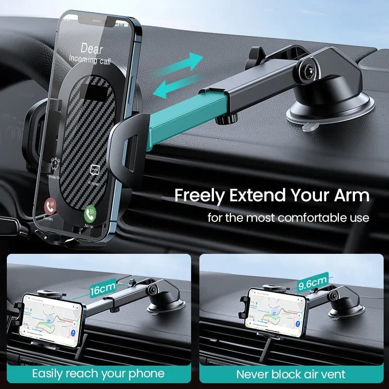 Universal car phone holder with suction cup mount attached to windshield, compatible with smartphones, by AUFU Gravity Sucker.