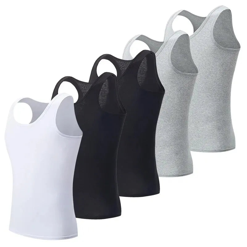 Five Showlu Men's cotton tank tops in plus size, fitness vests, black and gray, laid out flat for display.