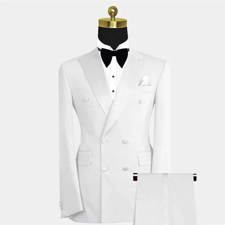 Blue Showlu Men's double-breasted 2-piece slim fit formal suit set, featuring a tailored blazer and matching trousers.