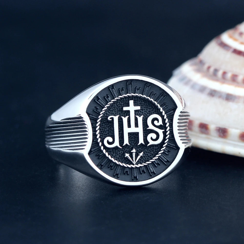 925 sterling silver Christian ring featuring Jesus Christ Chi Rho IHS symbol, showcasing detailed religious design.