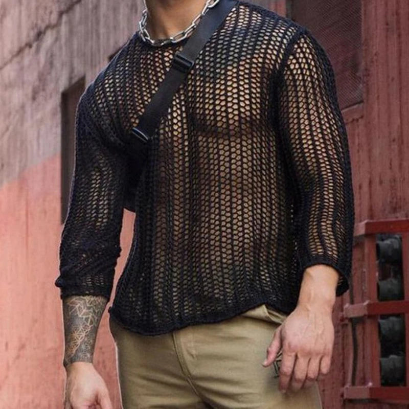 Mens Long Sleeve T-Shirts Sexy Sheer Mesh Fishnet Clubwear Tops Tee Outwear Gym Training  Hollow Out See Through Tops