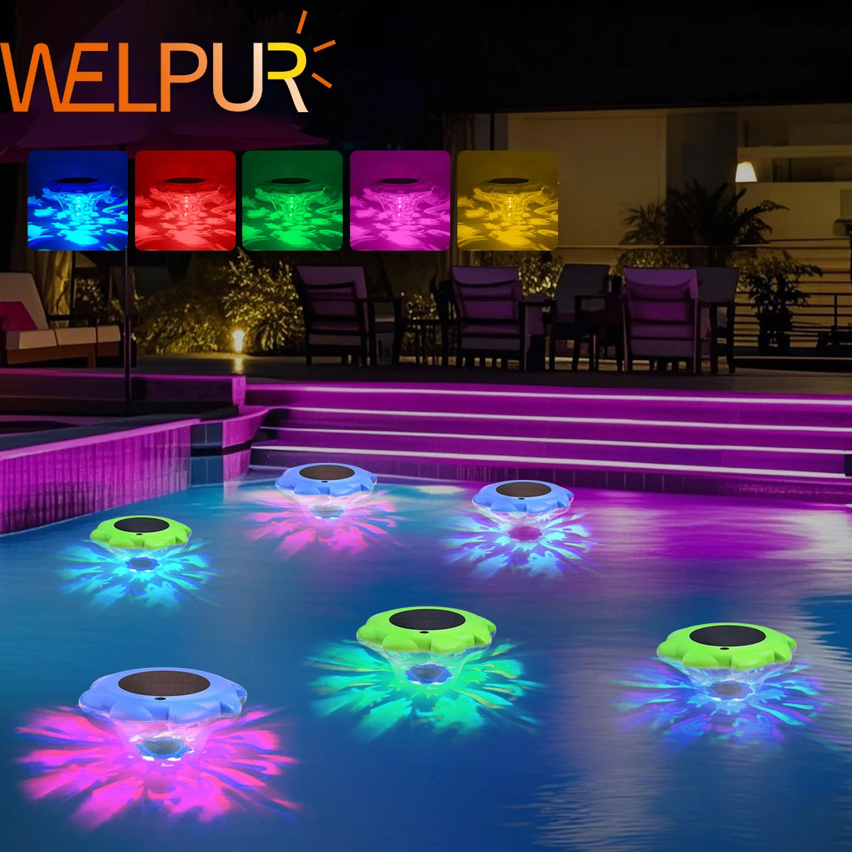 Showlu Smart RGB waterproof solar floating pool light with LED garden lamp, designed for outdoor pool and garden illumination.