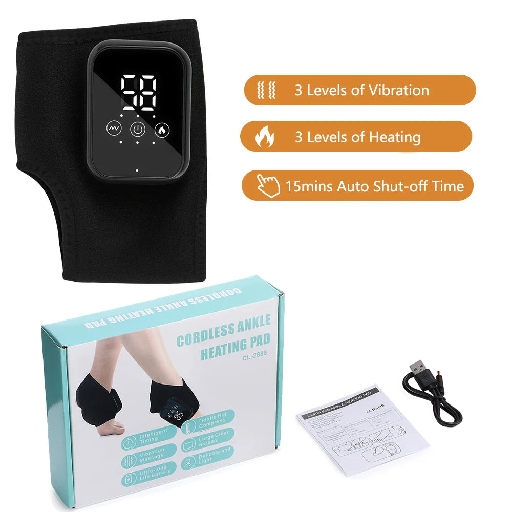 DearBeauty electric ankle massager with infrared heat and vibration wrap, shown on a person's ankle for pain relief and relaxation.