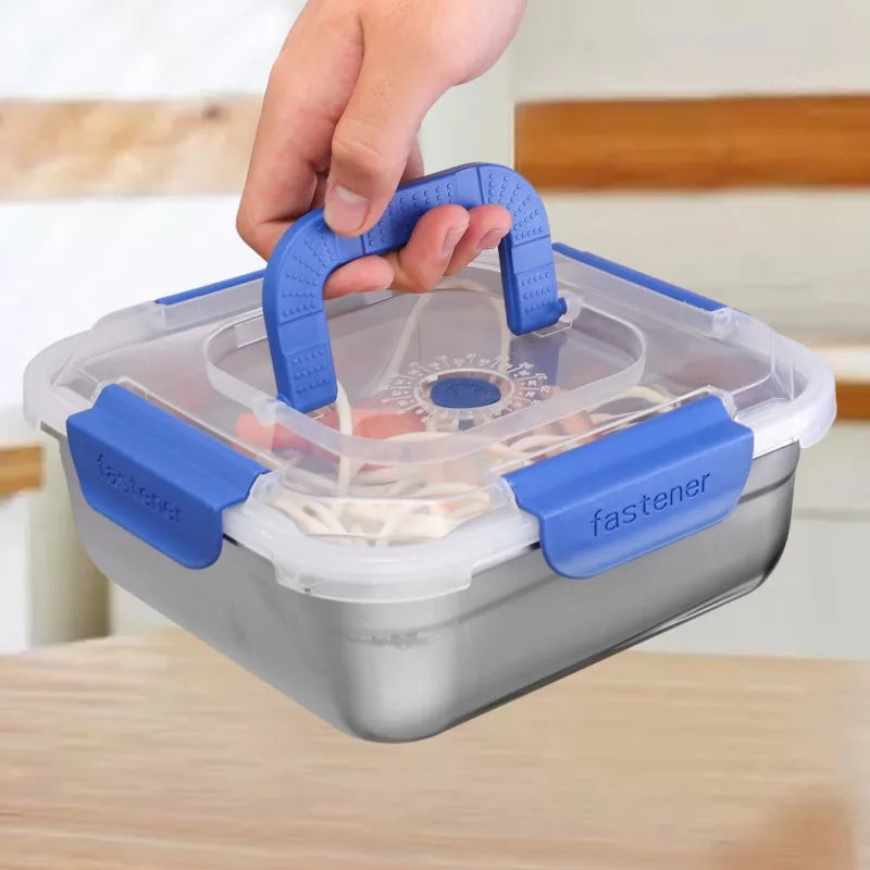 Stainless steel fresh-keeping lunch box with sealed lid, portable camping container for noodles, fruit, and storage.