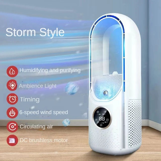 Showlu Smart General Donirt USB bladeless air cooler fan on a desk, compact design with adjustable settings and modern style.