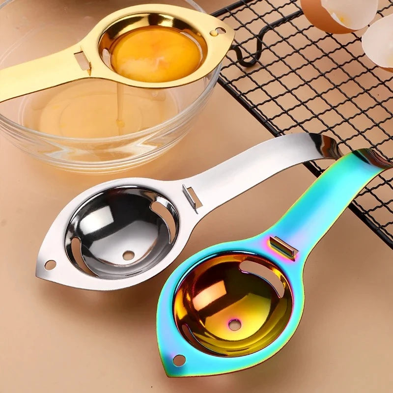 Stainless steel egg separator from Showlu Fashion Store, with handle and filter, used for separating egg yolks and whites in baking and cooking.