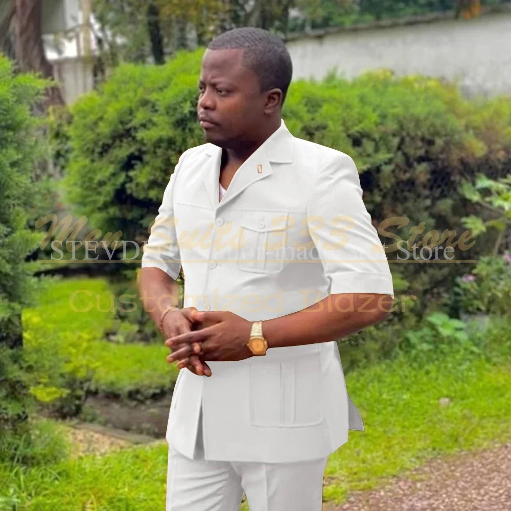 Safari men's short sleeve suit set with single breasted jacket and pants, featuring notch lapel in African fashion style.