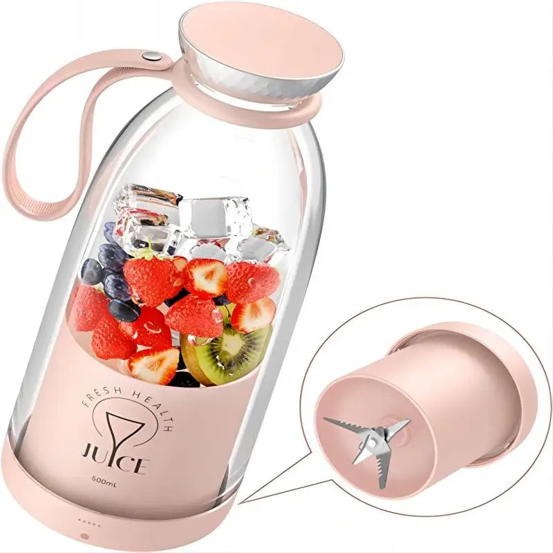 Portable Donirt 500ml wireless blender with 6-blade system and ice crusher, shown in use with fresh fruit and ice cubes.